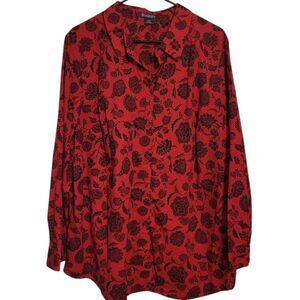 #78 Roaman's Red Black Floral Womens Button Up Shirt, Plus Size 24W